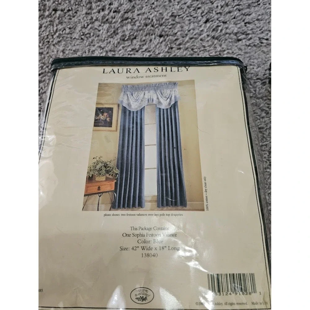 Laura Ashley Festoon Valance Blue Floral Toile Cotton 42x18 Set of 2 Cottagecore